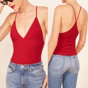 Reformation Red Ribbed V‑Neck Spaghetti Strap Camisole